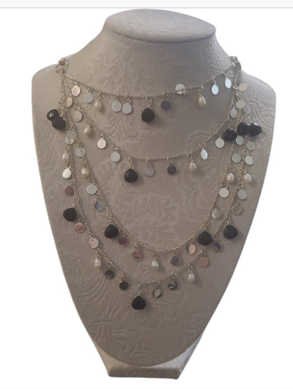 WHBM Multi Strand Necklace Silver Coin Pearl Black Drop Layered NWT